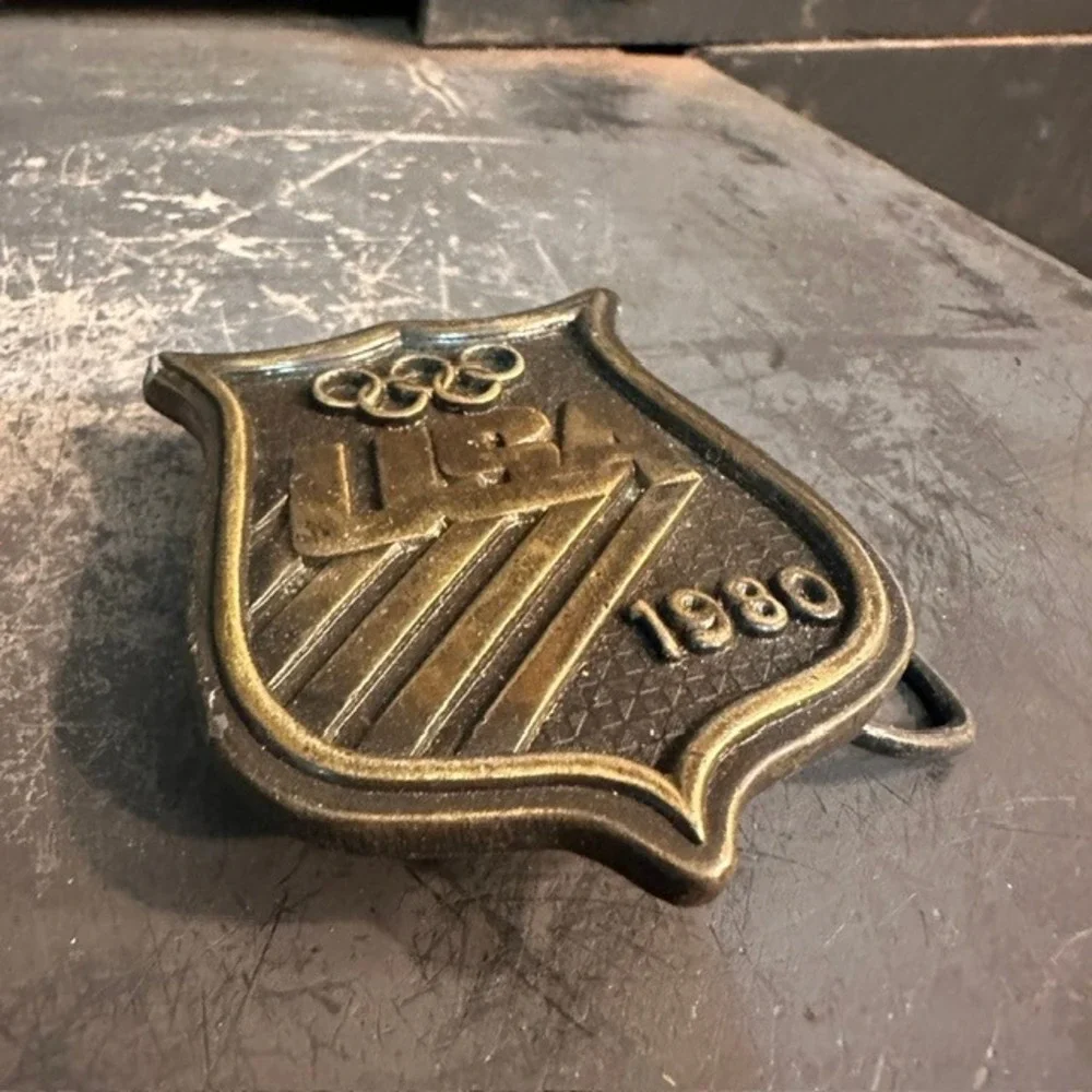 VTG 1980‎ USA Olympics Belt Buckle Brass Shield Olympic Rings Moscow Boycott Era